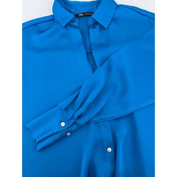 Zara Button Down Blouse Size XSmall Cobalt Blue Satin Corporate Core Polished - Picture 16 of 16